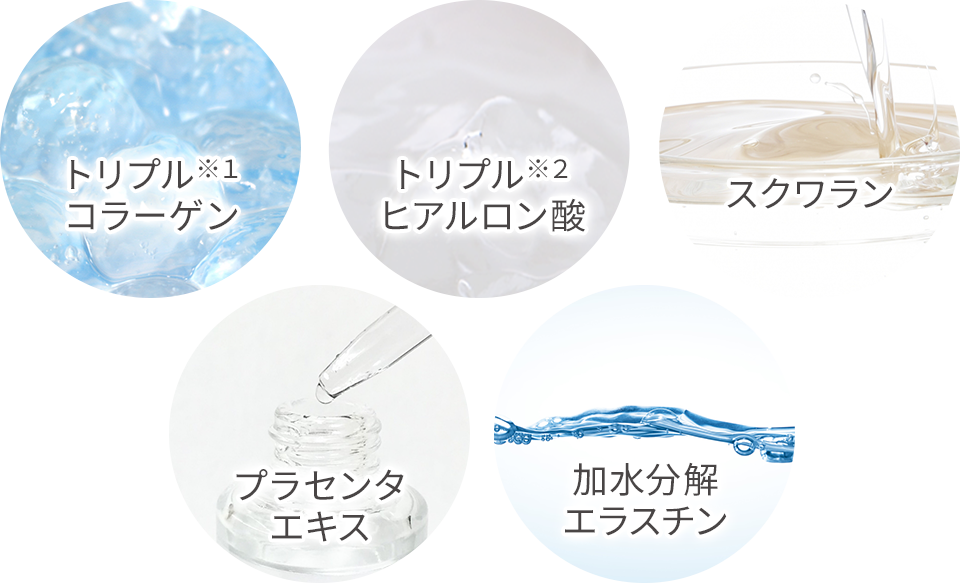 トリプルヒアルロン酸、トリプルコラーゲン、スクワラン、プラセンタエキス、加水分解エラスチン